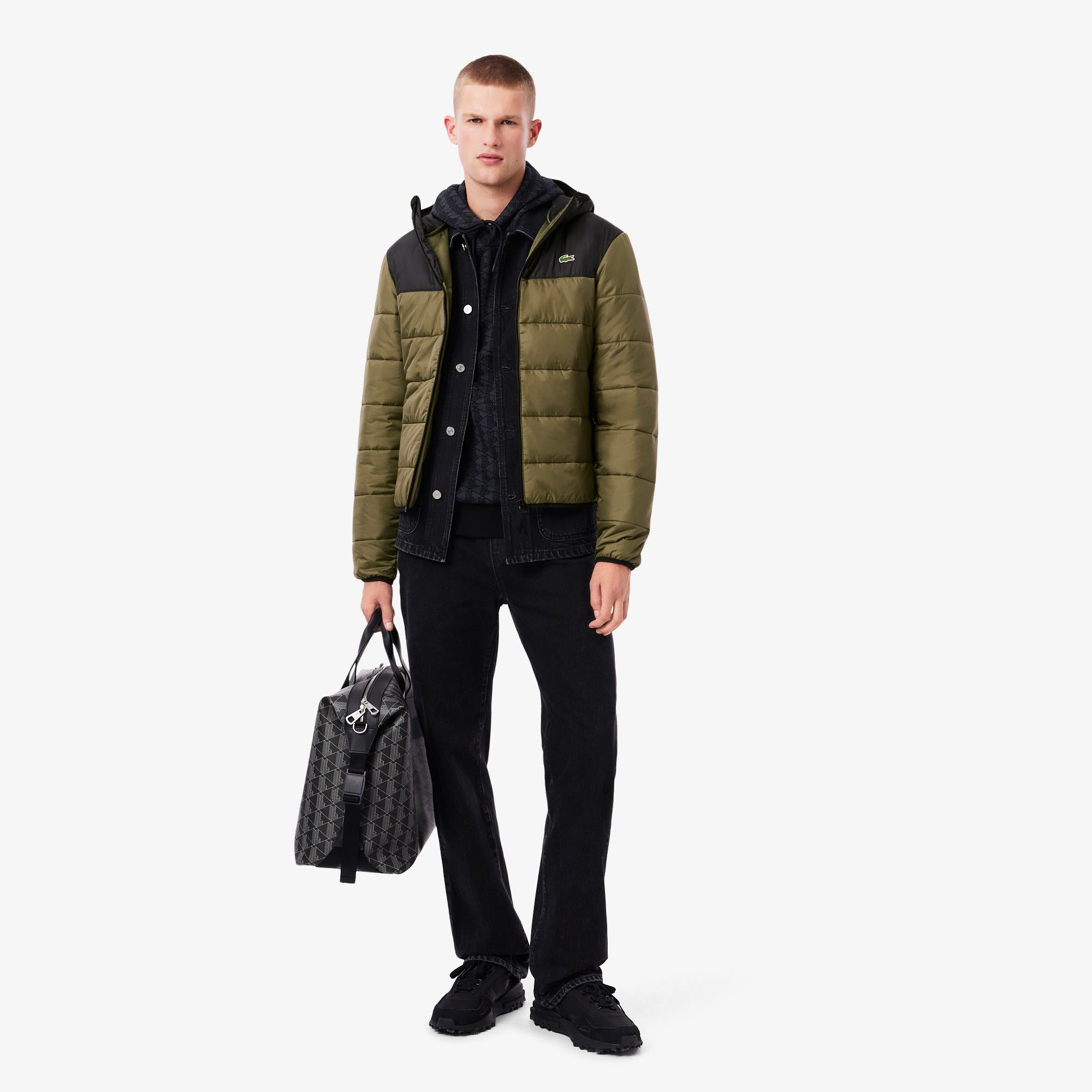 Mens Lacoste Hooded Water-Repellent Jacket Olive/Black